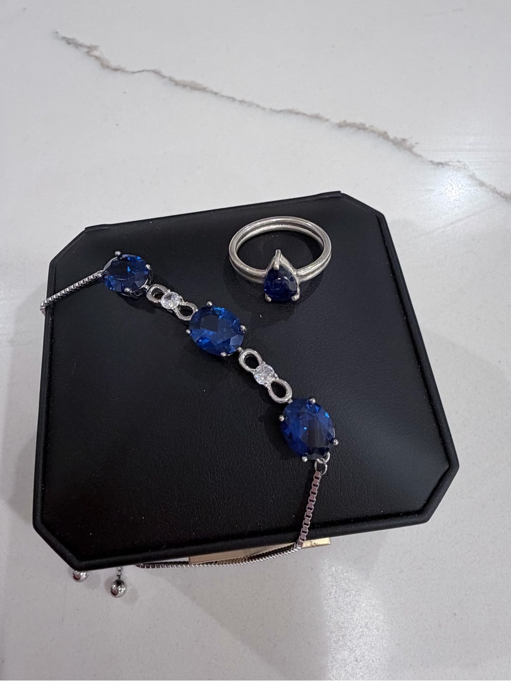 925 Sterling Silver Blue Sapphire Bracelet and Ring Set- ring size 6